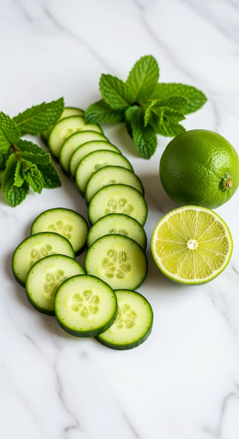 Slices of cucumber and fresh mint leaves for a drink