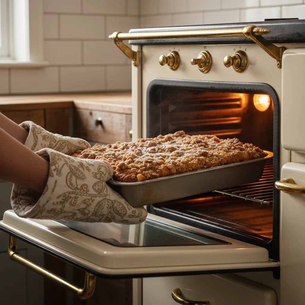 Baked apple coffee cake in a pan being removed from the oven