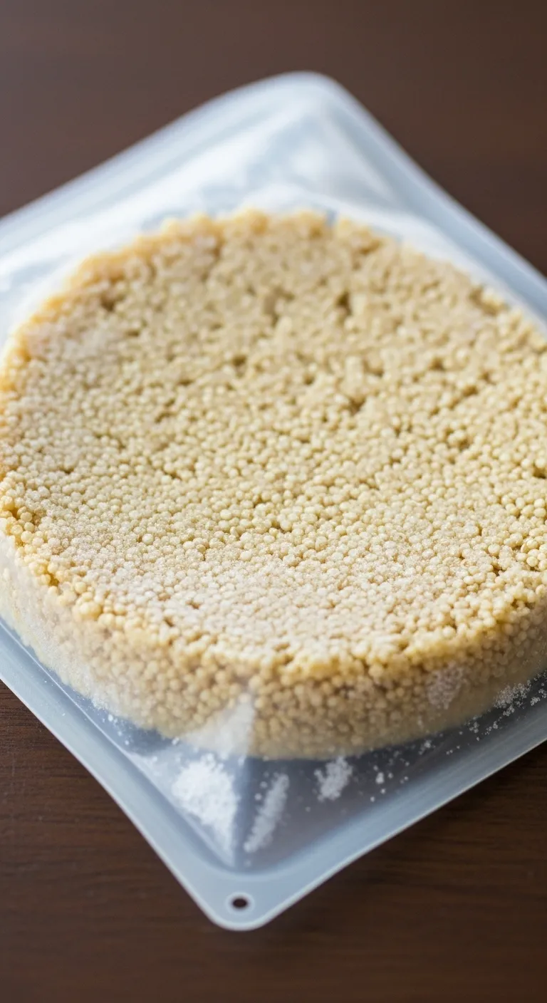 Silicone freezer bag with quinoa pressed flat for easy storage