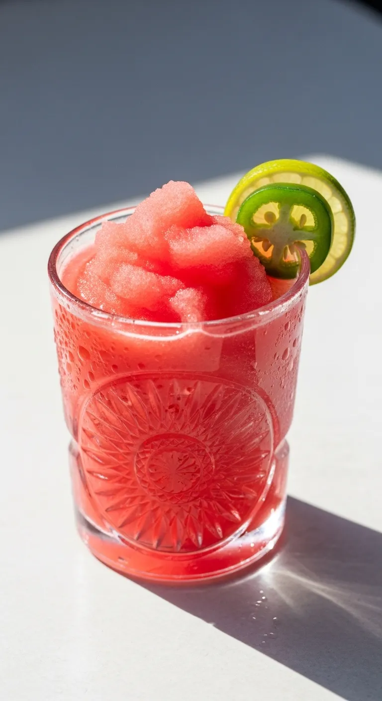 Pink frozen watermelon slush drink with jalapeño slice garnish