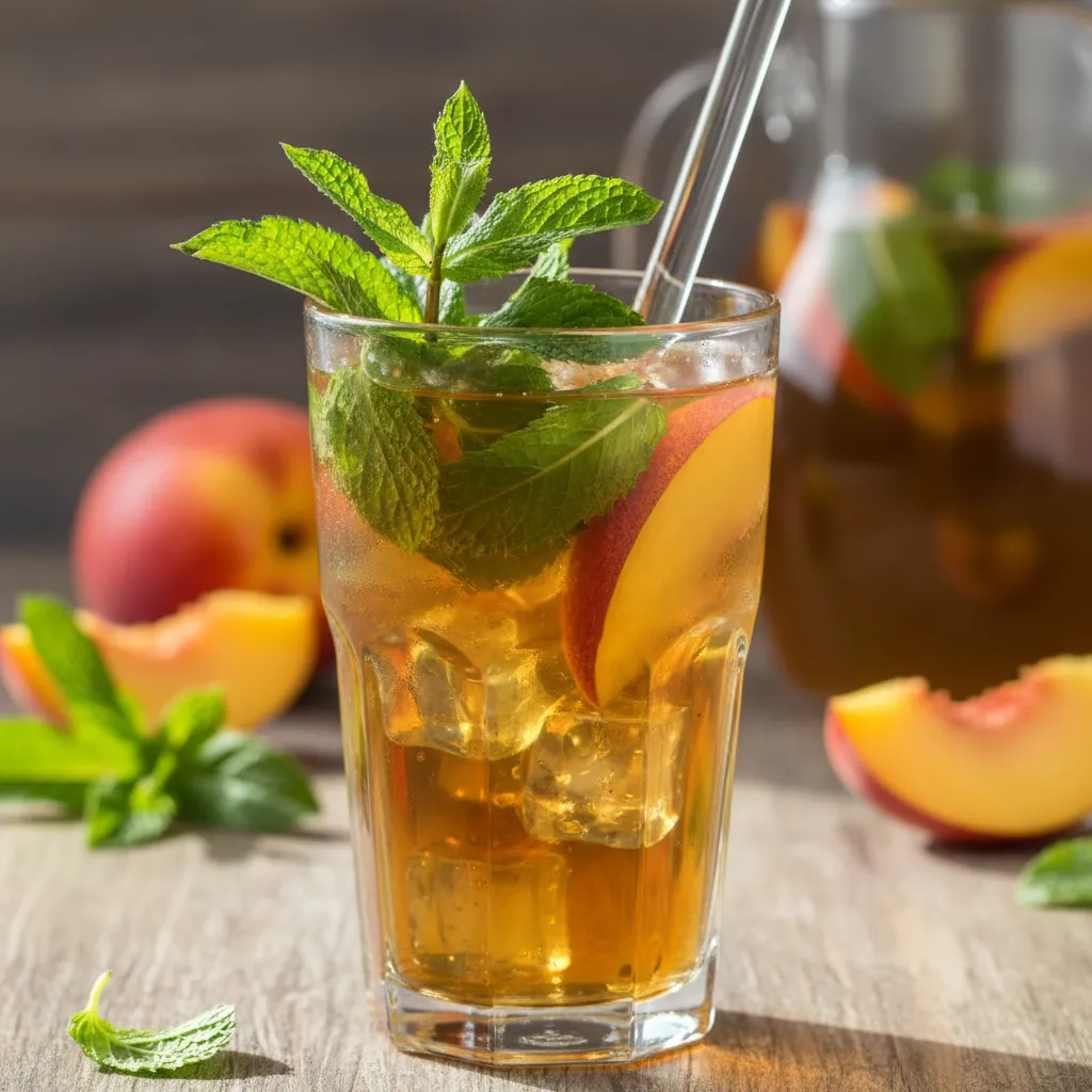 A glass of green iced tea with fresh mint leaves and ice