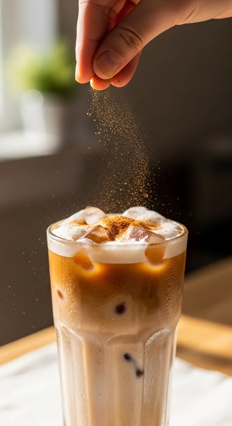 sprinkling cinnamon on iced chai tea latte