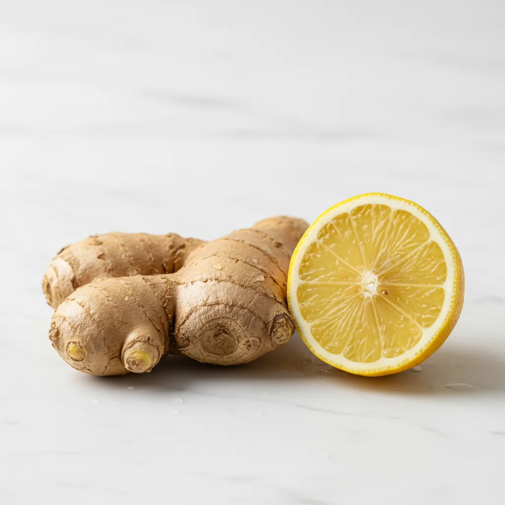 Close-up of fresh ginger and lemon slice
