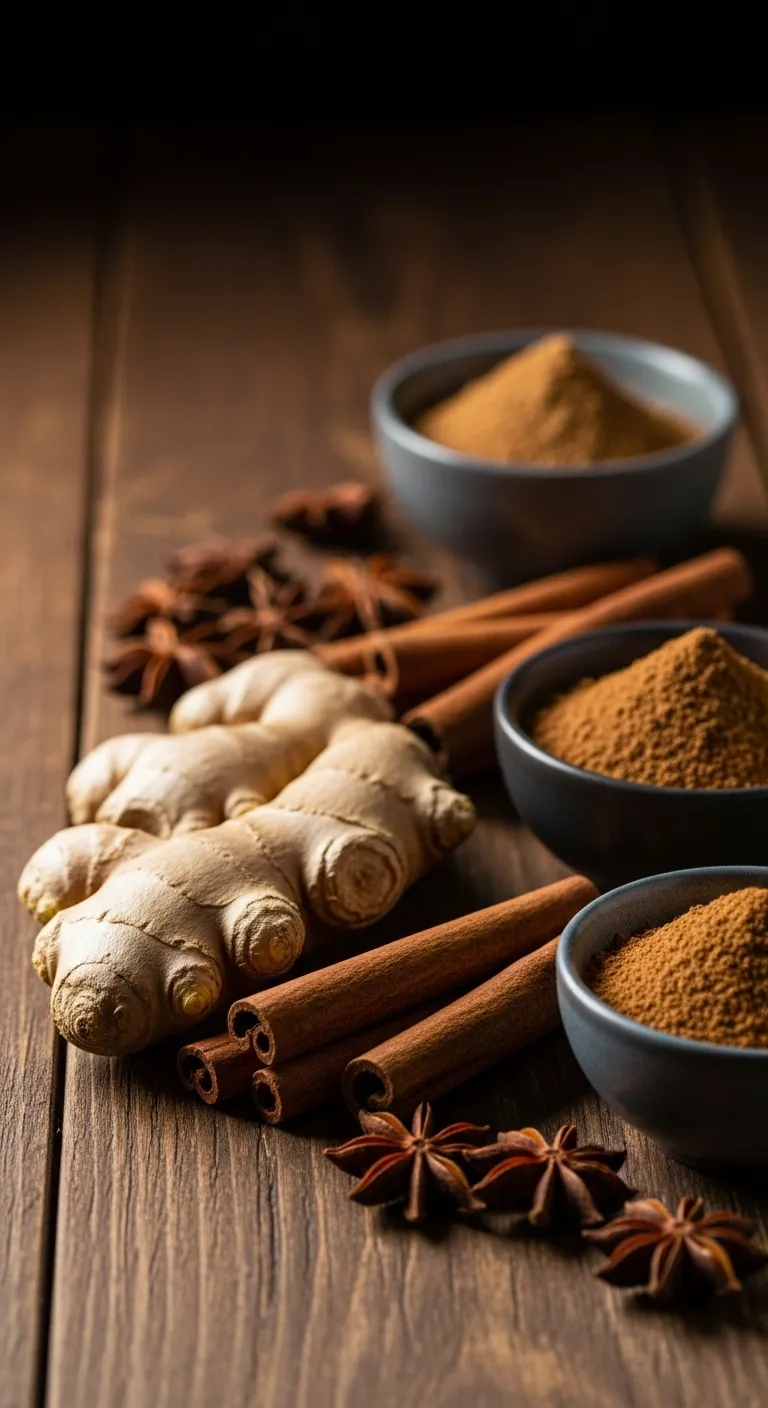 Fresh ginger root and ground spices on a rustic table for gingerbread cookies
