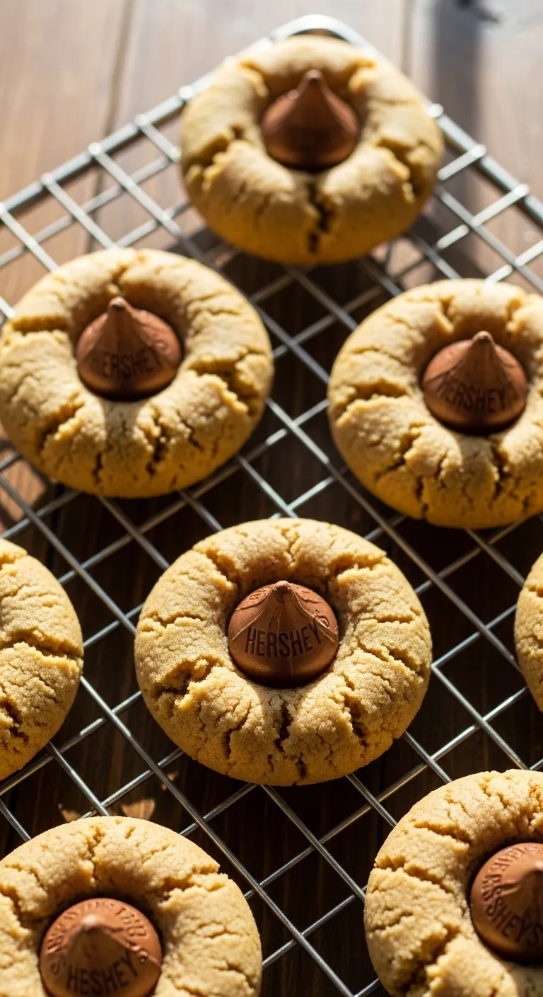 Gluten free peanut butter blossom cookies with chocolate kisses on a wire cooling rack