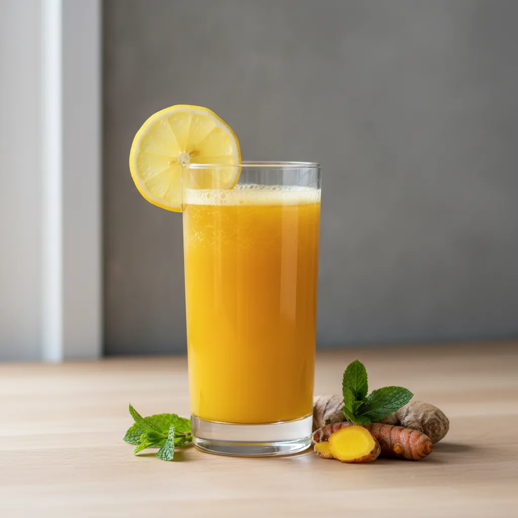 Glass of orange turmeric juice with lemon garnish