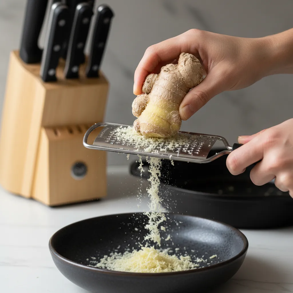 Grating frozen ginger root with a microplane for easy cooking
