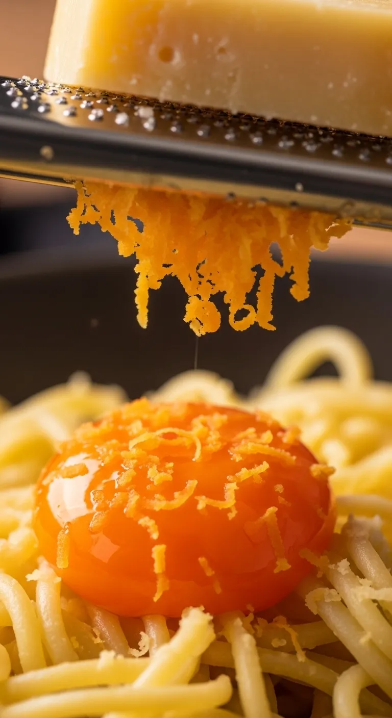 Cured egg yolk being grated like cheese