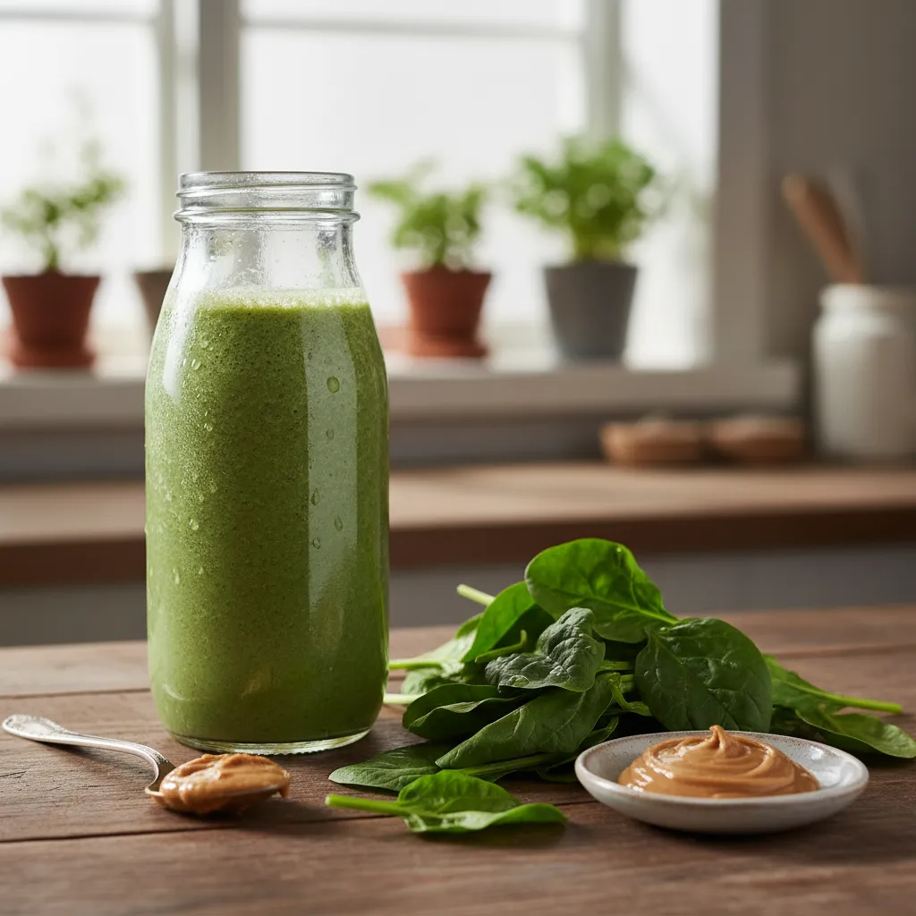 Green smoothie with spinach and nut butter in a glass jar