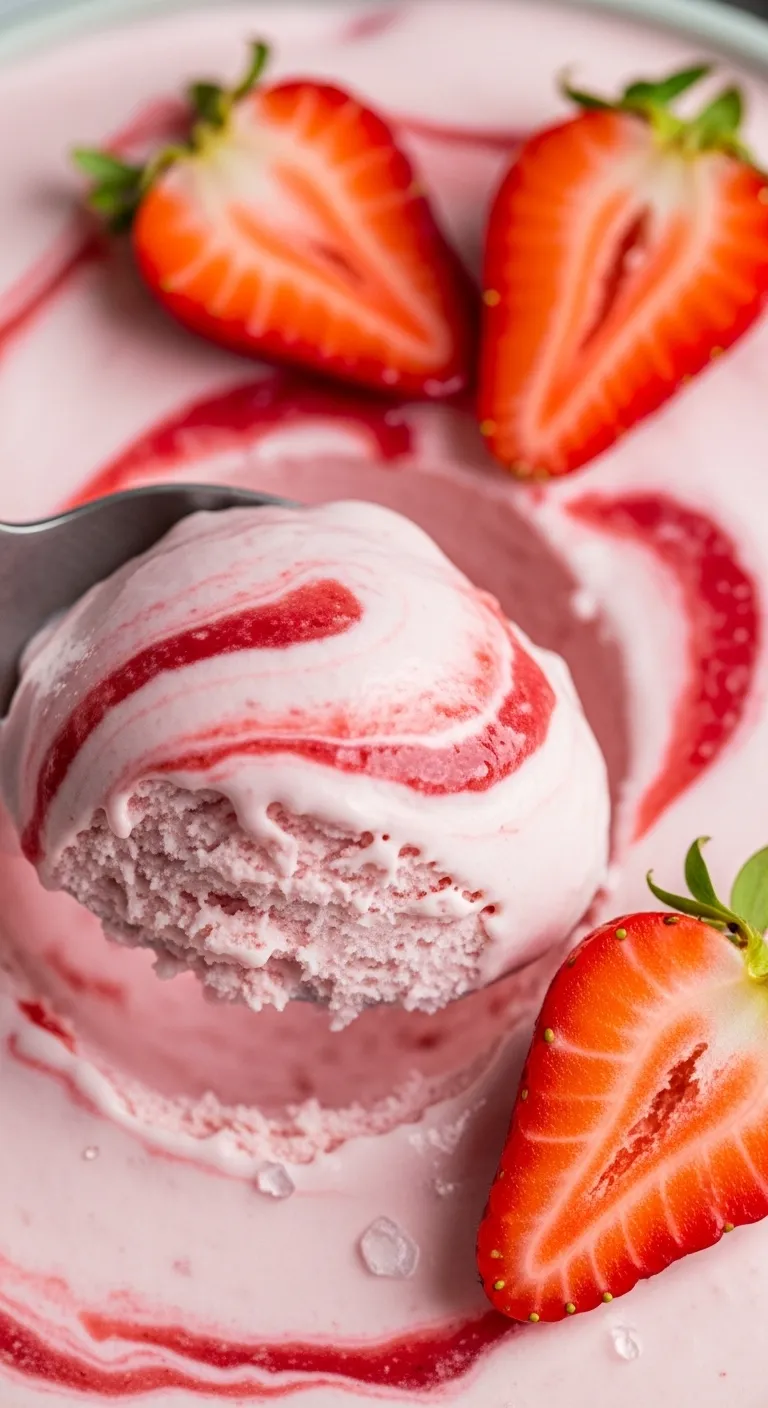 Creamy strawberry Greek yogurt ice cream scoop with visible soft texture and fresh berry garnish
