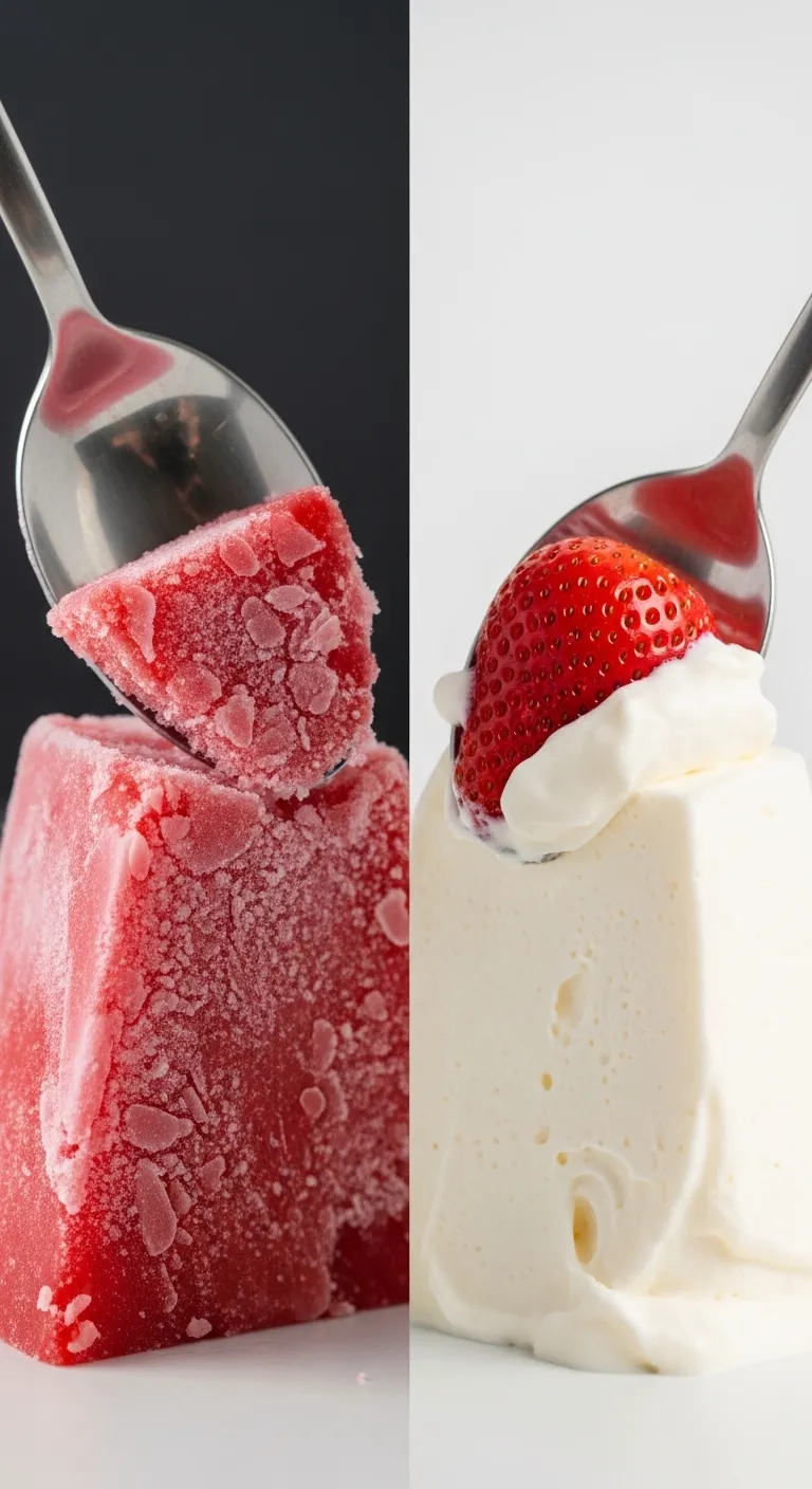 Spoon digging into hard frozen strawberry dessert compared to creamy scoop