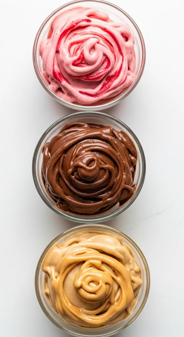 Three bowls of banana nice cream showing strawberry chocolate and peanut butter flavors