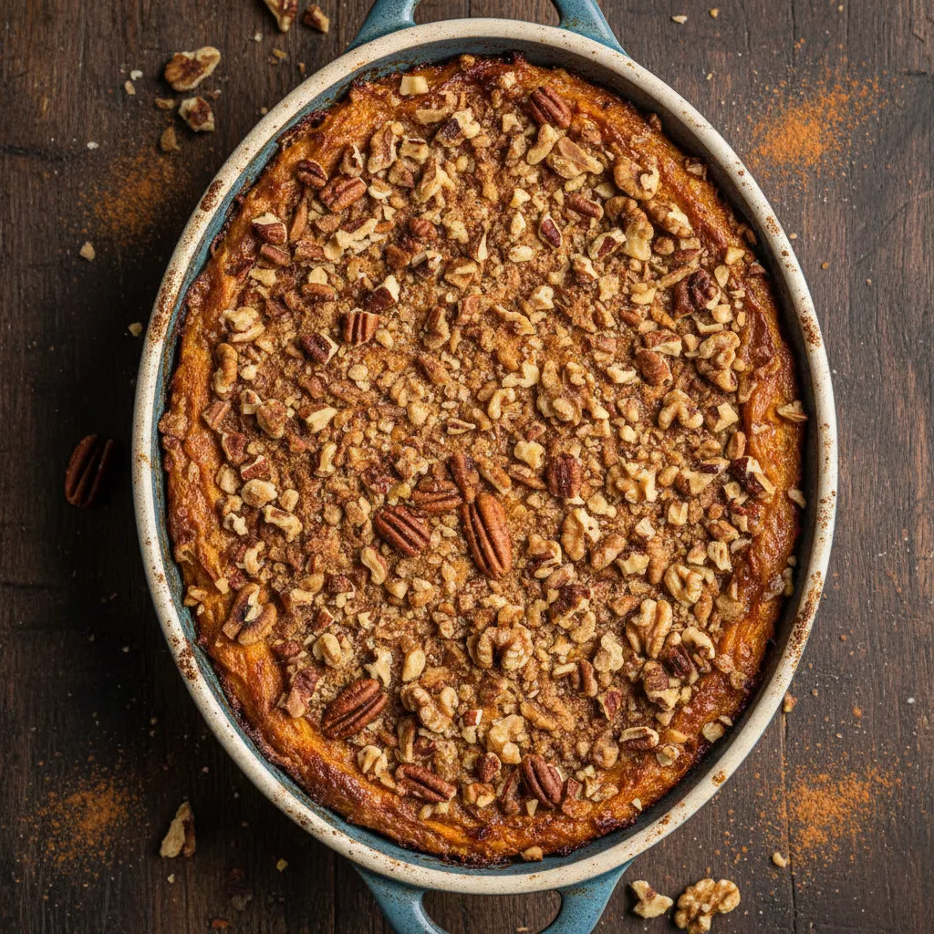 Crunchy pecan and walnut topping on a healthy sweet potato casserole