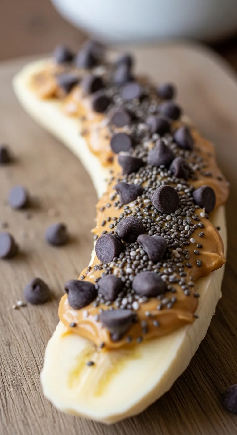 Firm banana sliced lengthwise topped with peanut butter and chocolate chips