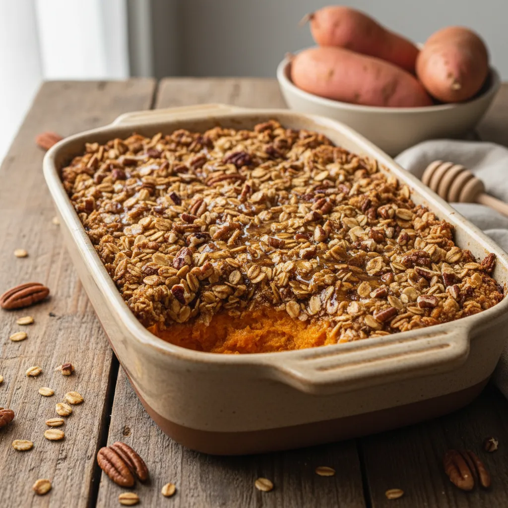 A healthy sweet potato casserole topped with honey oats and pecans