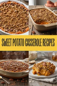 A healthy sweet potato casserole with a crunchy pecan and walnut topping in a white ceramic dish.
