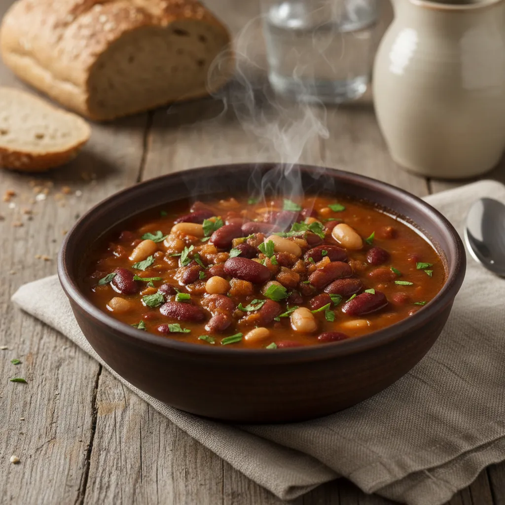A warm and inviting bowl of homemade three-bean soup, an easy and cheap Daniel Fast recipe.