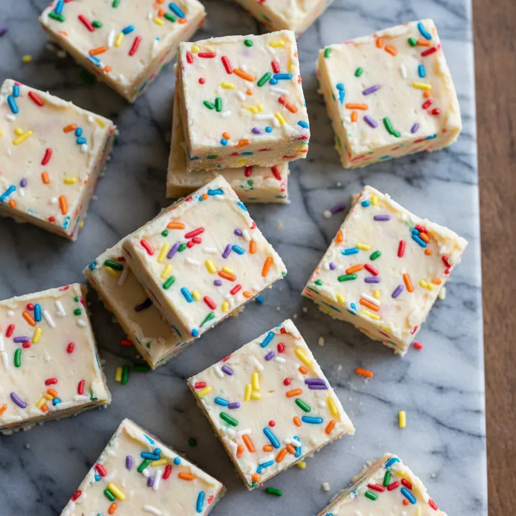 Creamy sugar cookie fudge squares with colorful sprinkles on a marble board