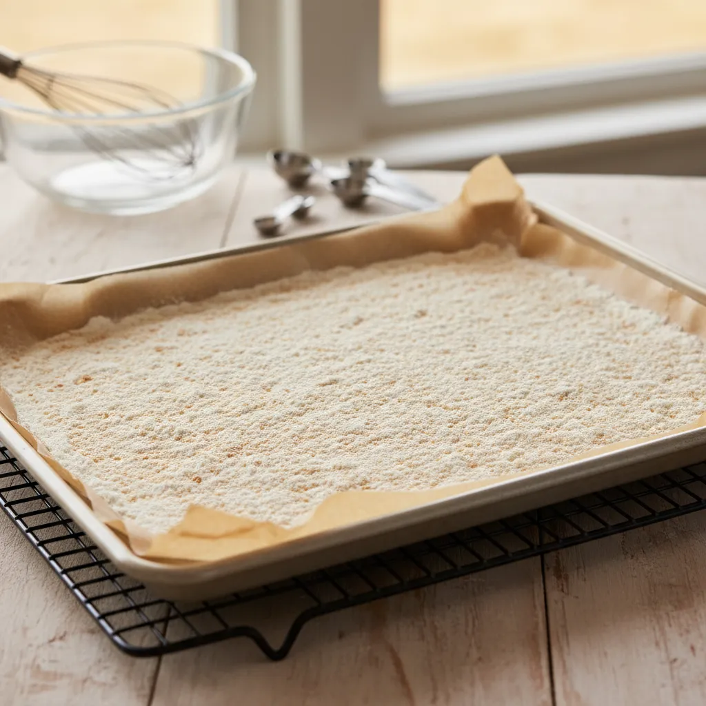 Baking sheet with heat treated flour cooling on a rack