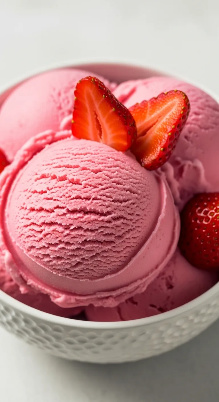 Scoop of creamy high protein strawberry cottage cheese ice cream with fresh fruit garnish
