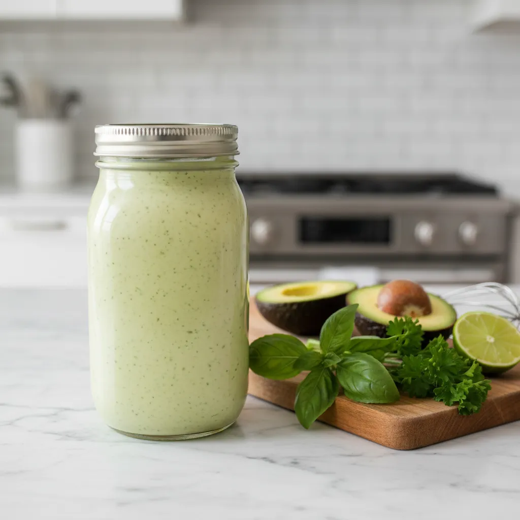 Jar of green goddess dressing made with pureed overripe avocado and fresh herbs