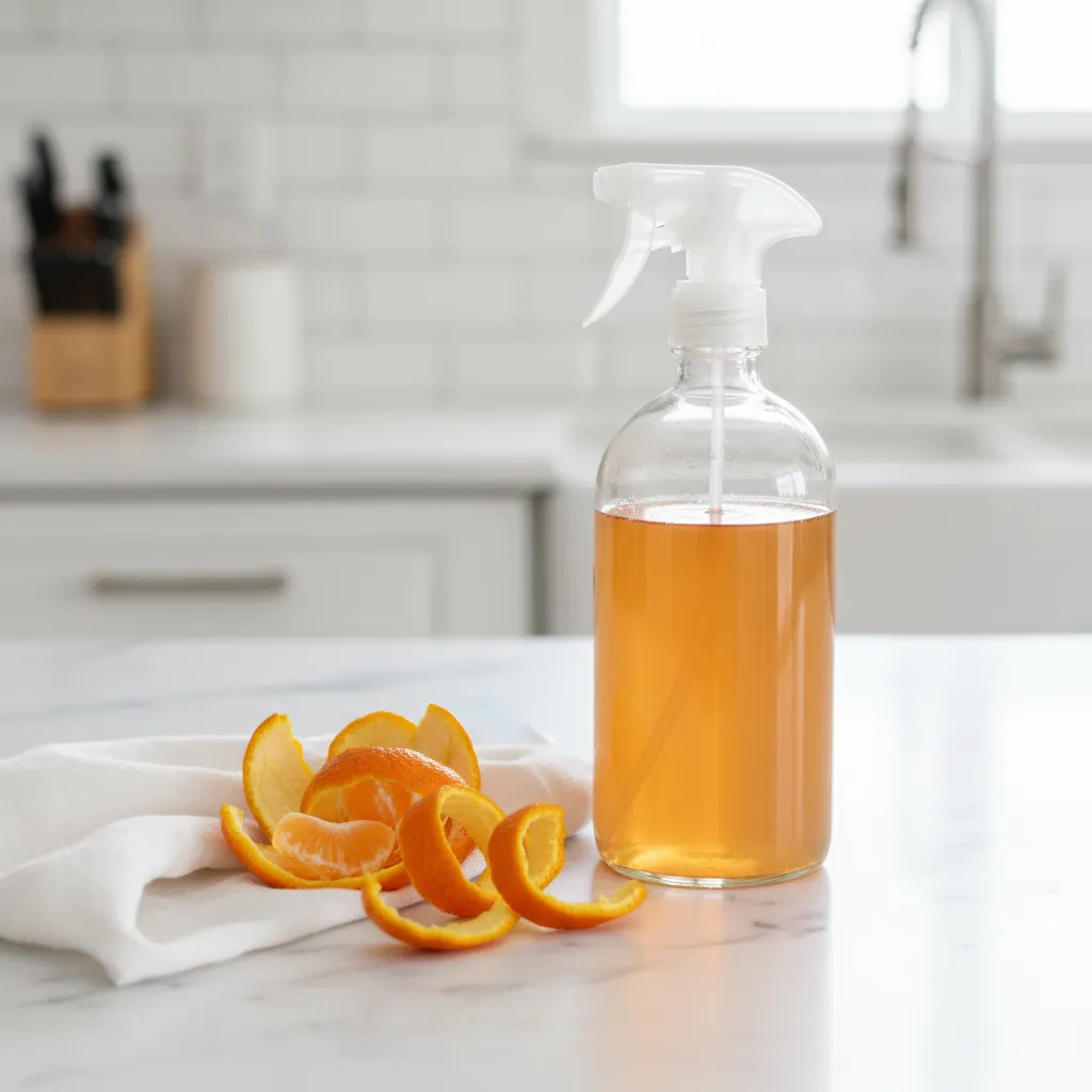 Spray bottle with homemade citrus vinegar cleaner on a white countertop