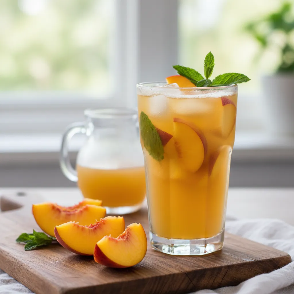 Glass of peach iced tea with fresh peach slices