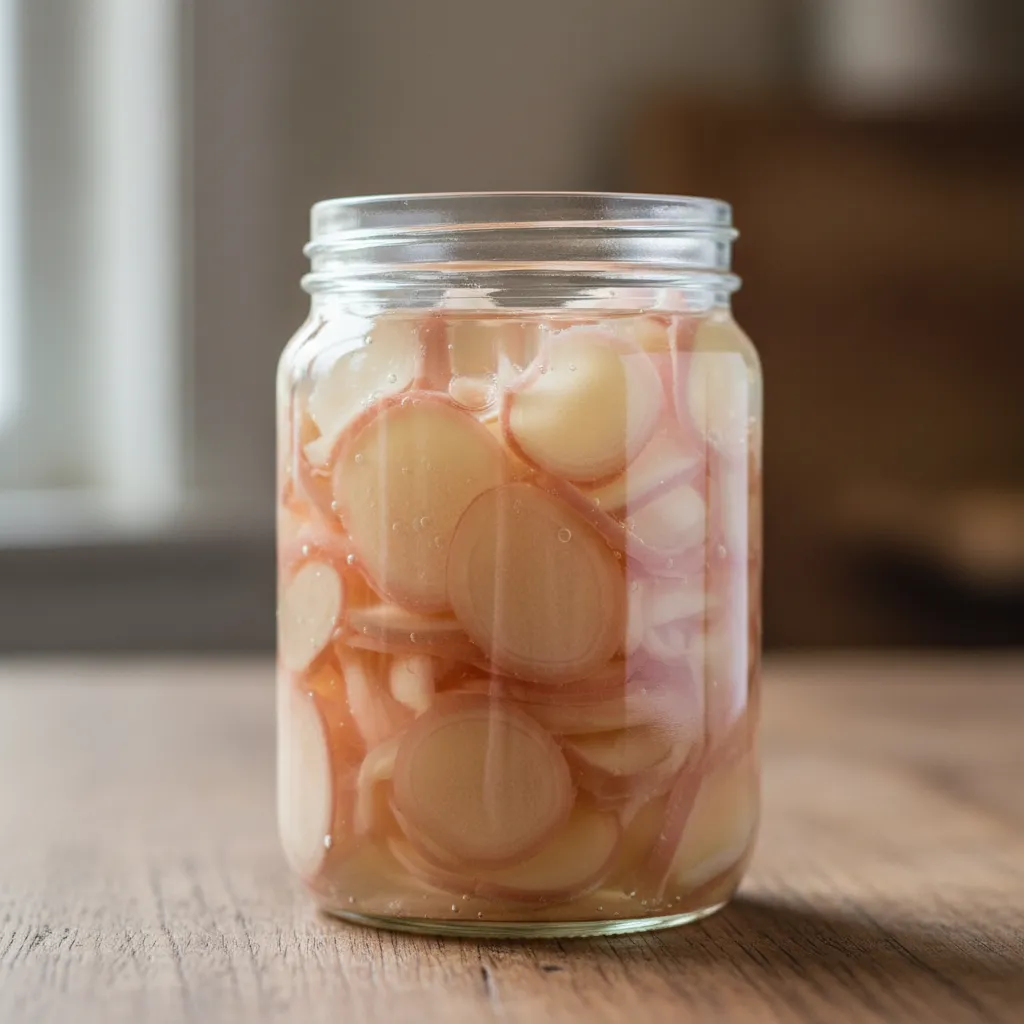 Thinly sliced fresh ginger pickling in a glass jar with vinegar brine