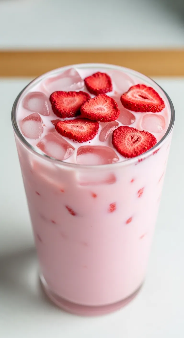 A tall glass of creamy pink strawberry acai drink.