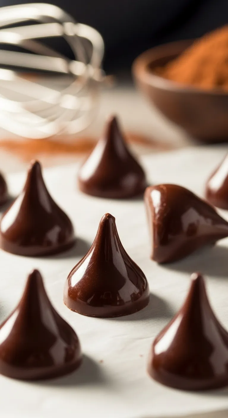Glossy homemade dark chocolate kisses on parchment paper ready for peanut butter blossom cookies