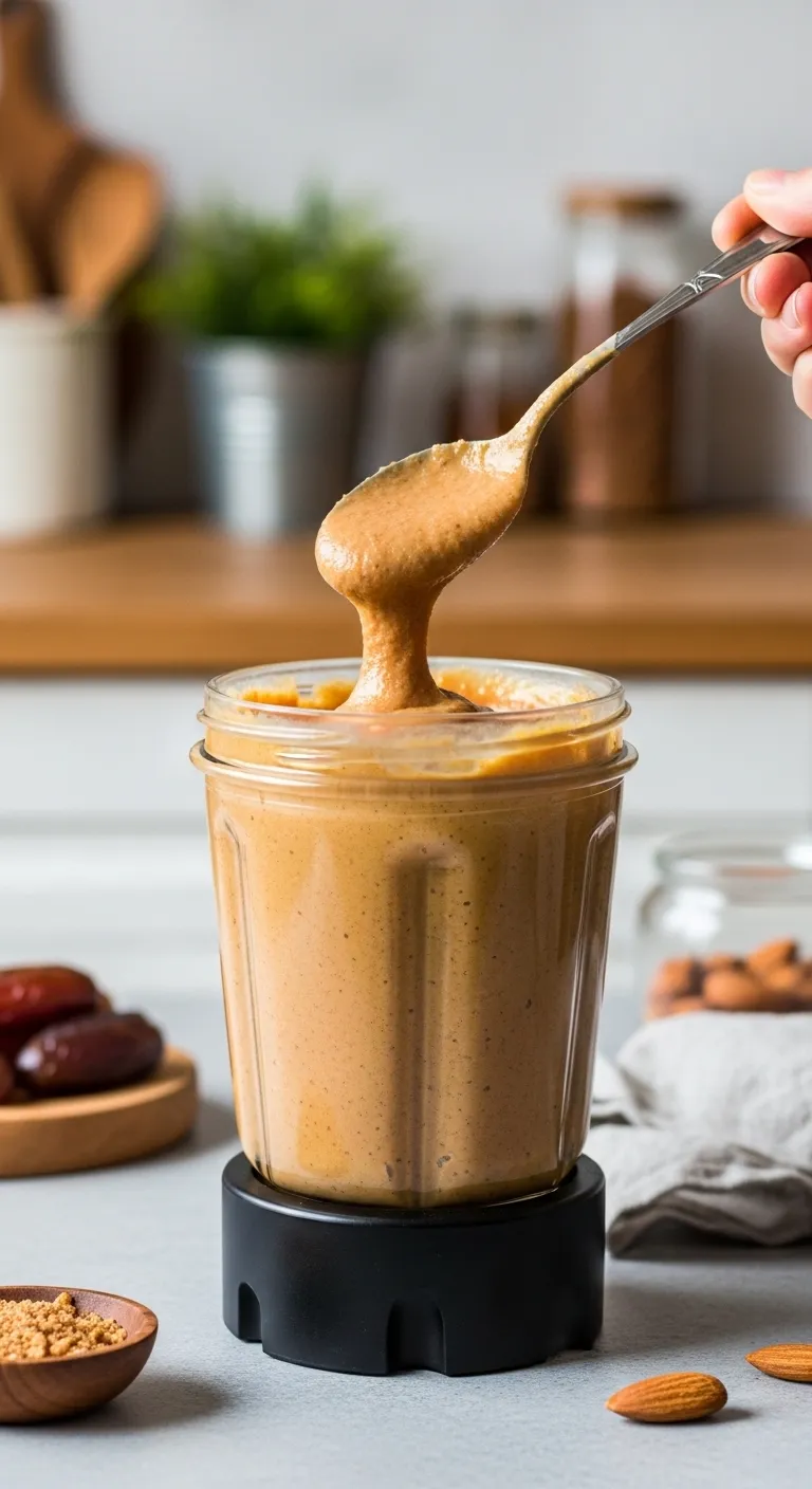 Thick golden date caramel sauce on a spoon