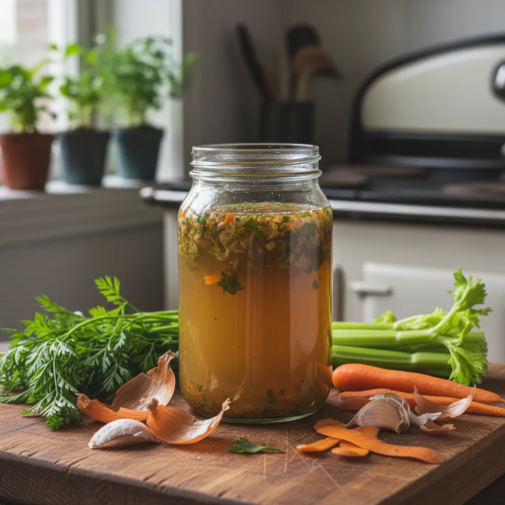 A jar of rich vegetable broth made from kitchen scraps, a smart way to save money on the Daniel Fast.