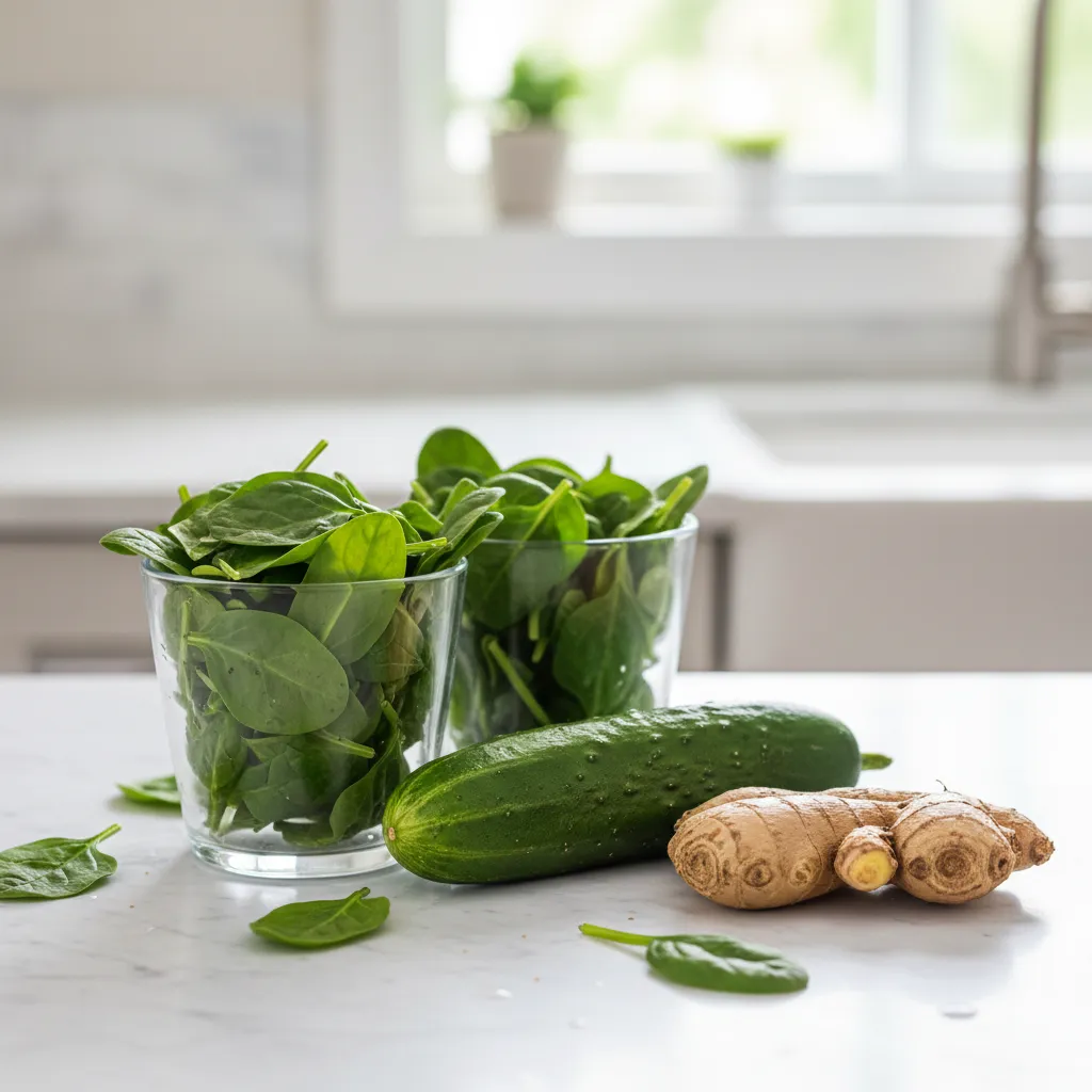 Close up of fresh spinach, cucumber, and ginger ingredients for skin health.