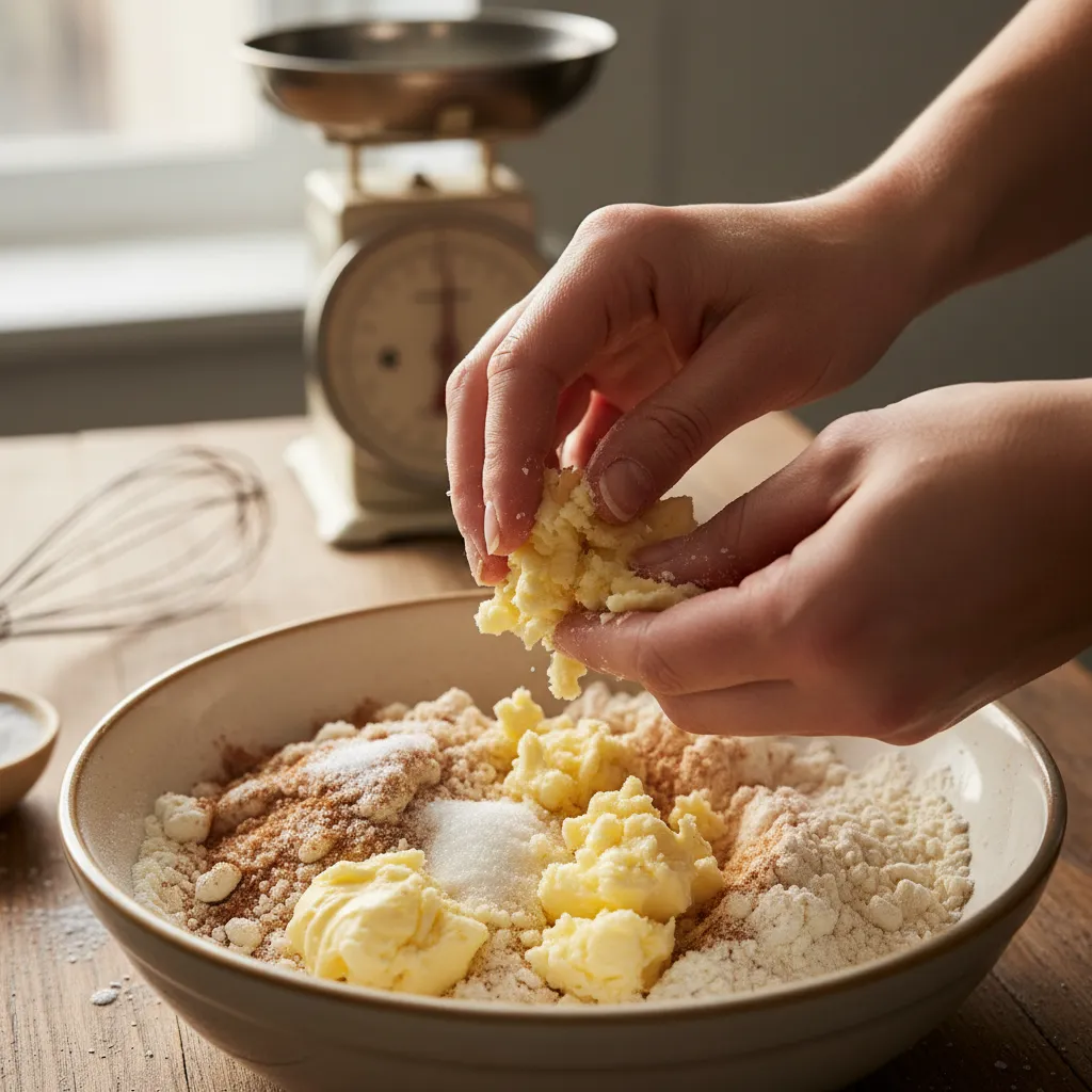 Hands pinching butter and cinnamon for coffee cake topping