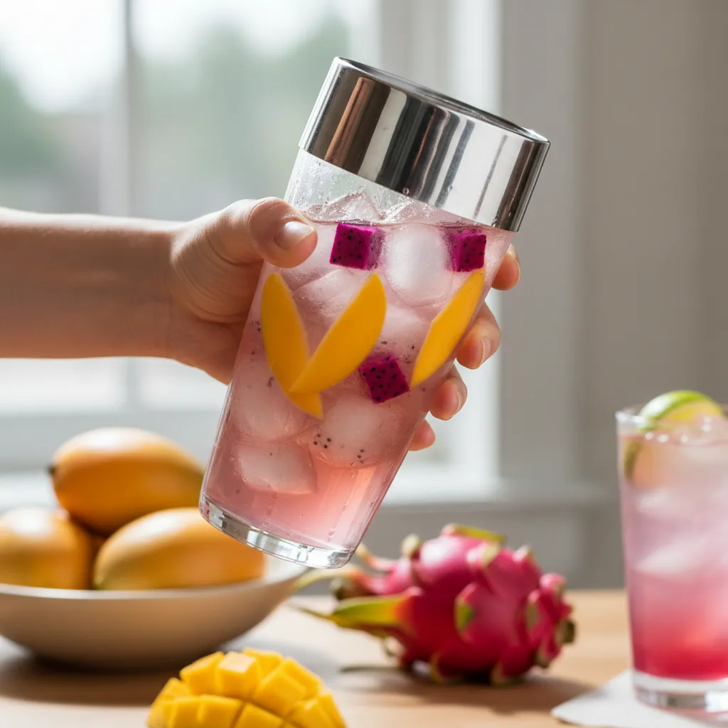 A cocktail shaker being used to mix the pink refresher drink