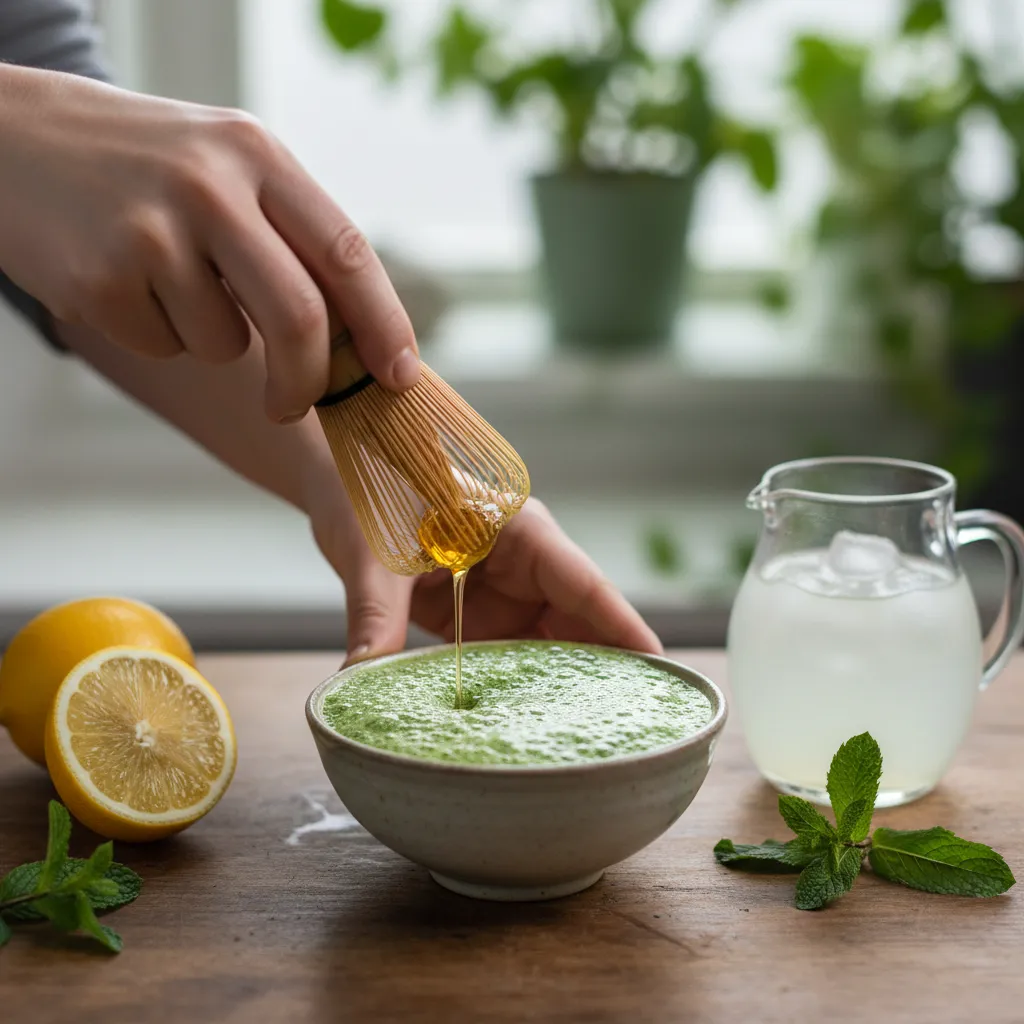 A bamboo whisk mixing green matcha powder and water in a small ceramic bowl.
