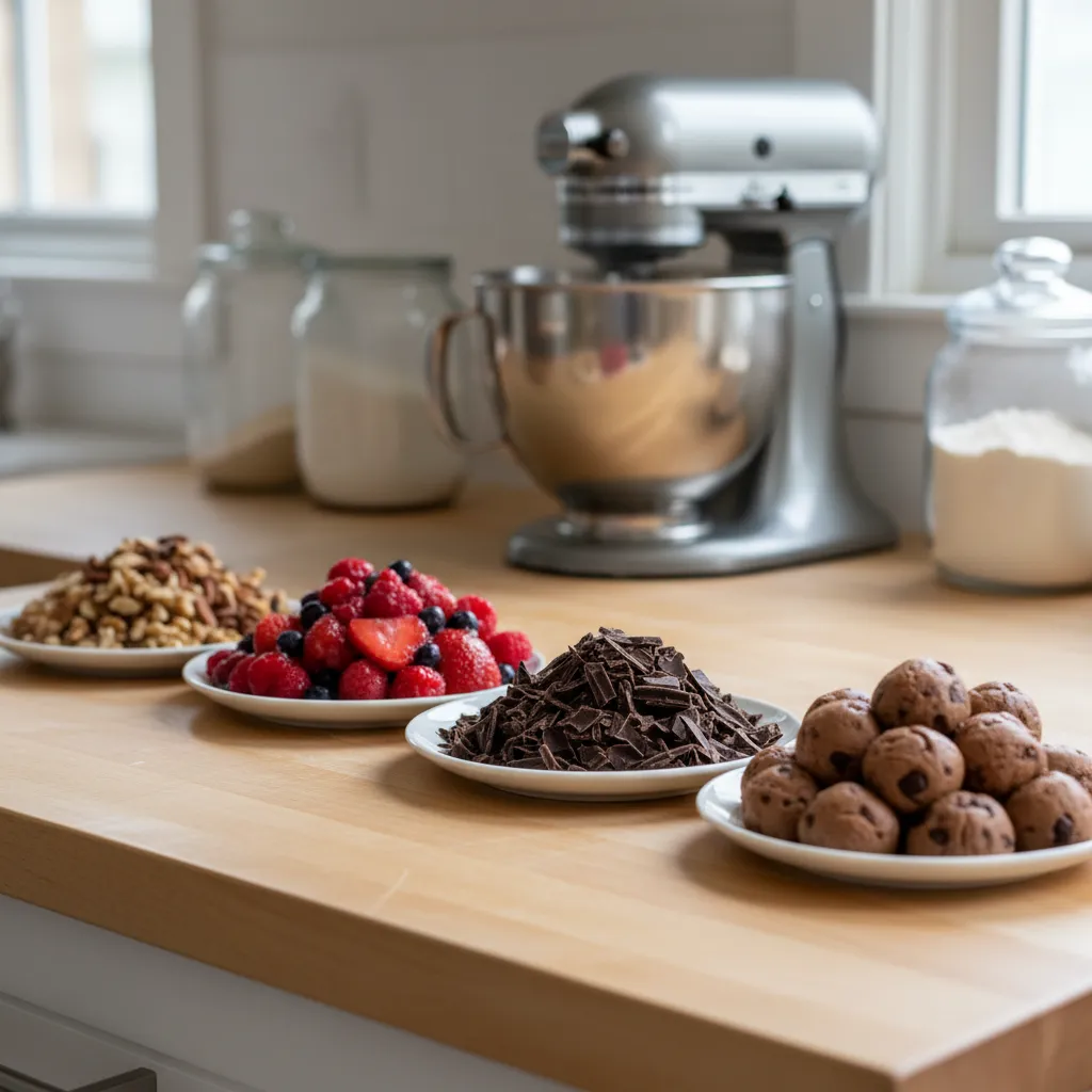 Organized piles of nuts fruit chocolate and cookie dough