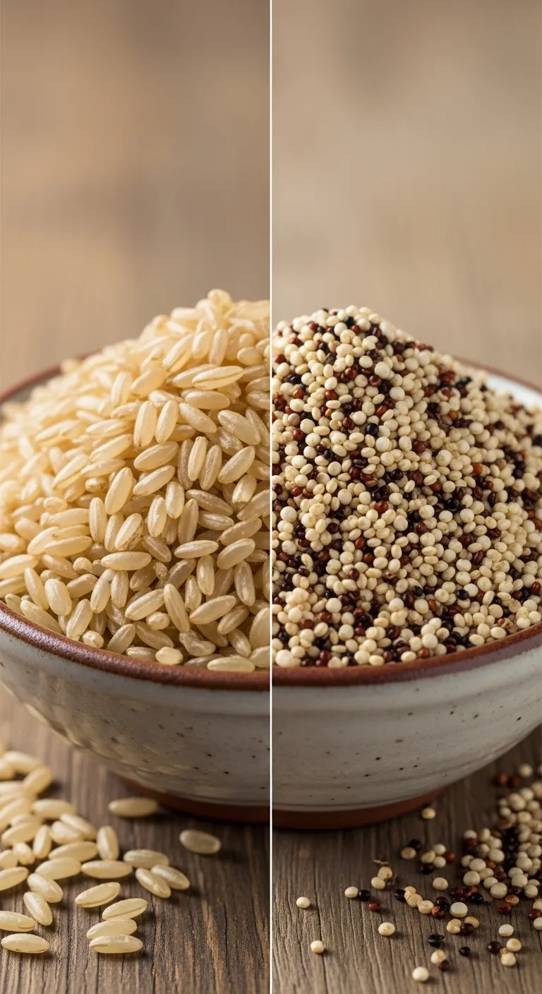 A visual comparison of Daniel Fast grains like brown rice and quinoa, illustrating ingredient swaps.