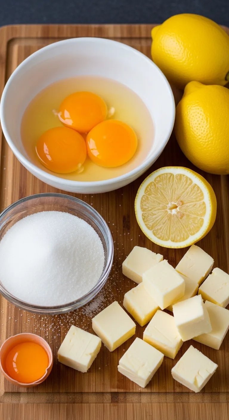 Ingredients for lemon curd including egg yolks sugar and lemons