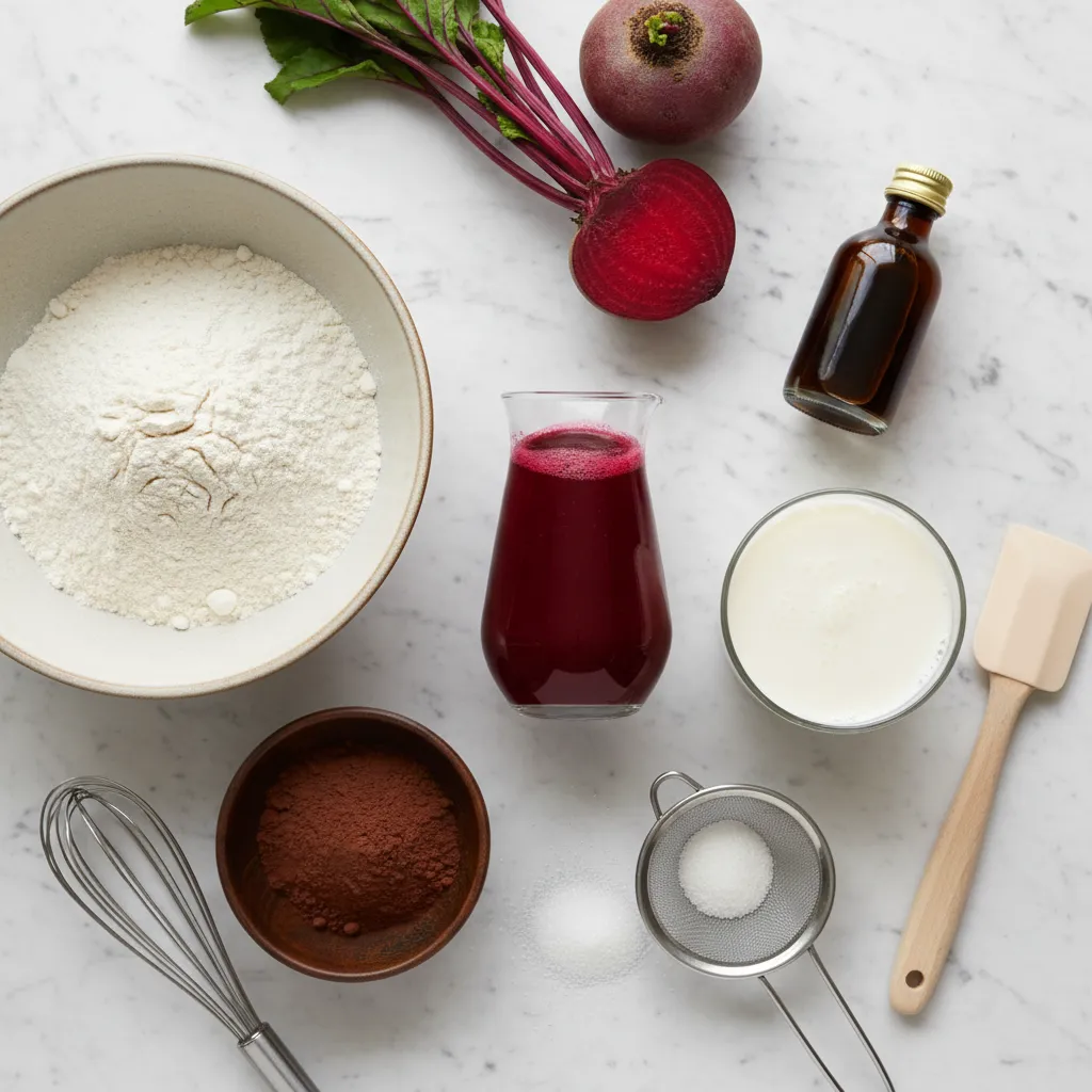 Measured baking ingredients for a chemical free red velvet cake
