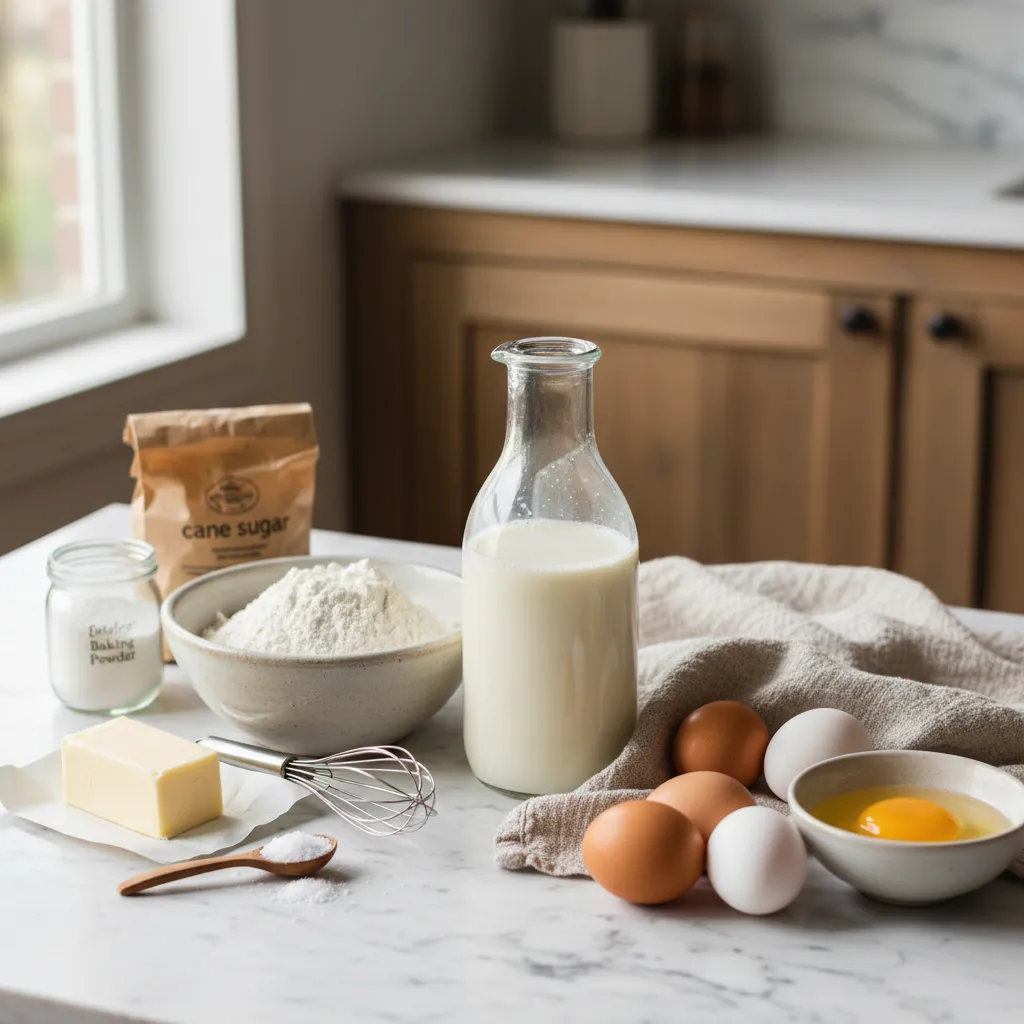 Buttermilk eggs and flour on a kitchen counter