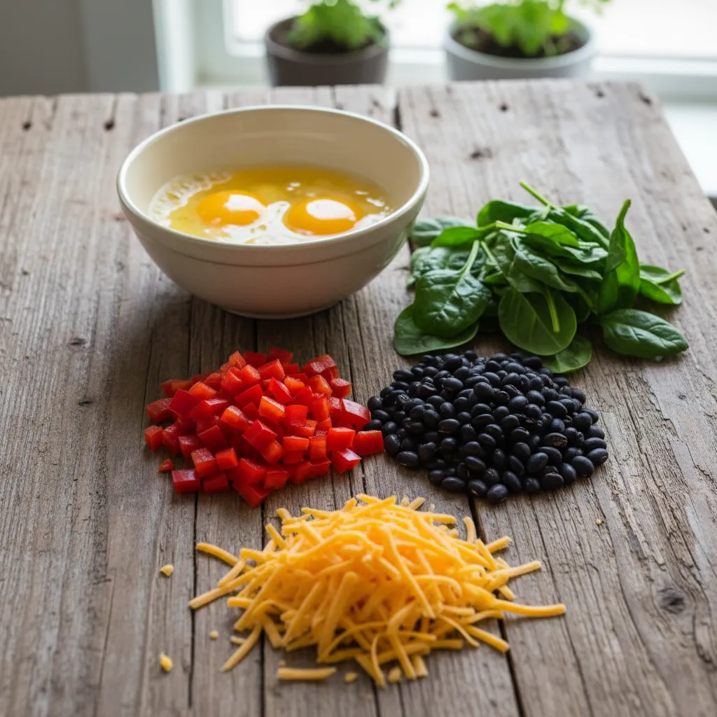 Fresh ingredients for breakfast burritos including eggs spinach and peppers