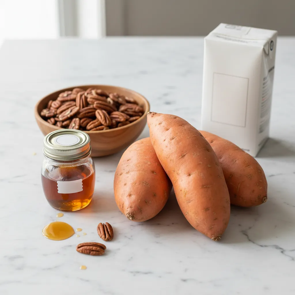 Raw ingredients for paleo sweet potato casserole including pecans and maple syrup