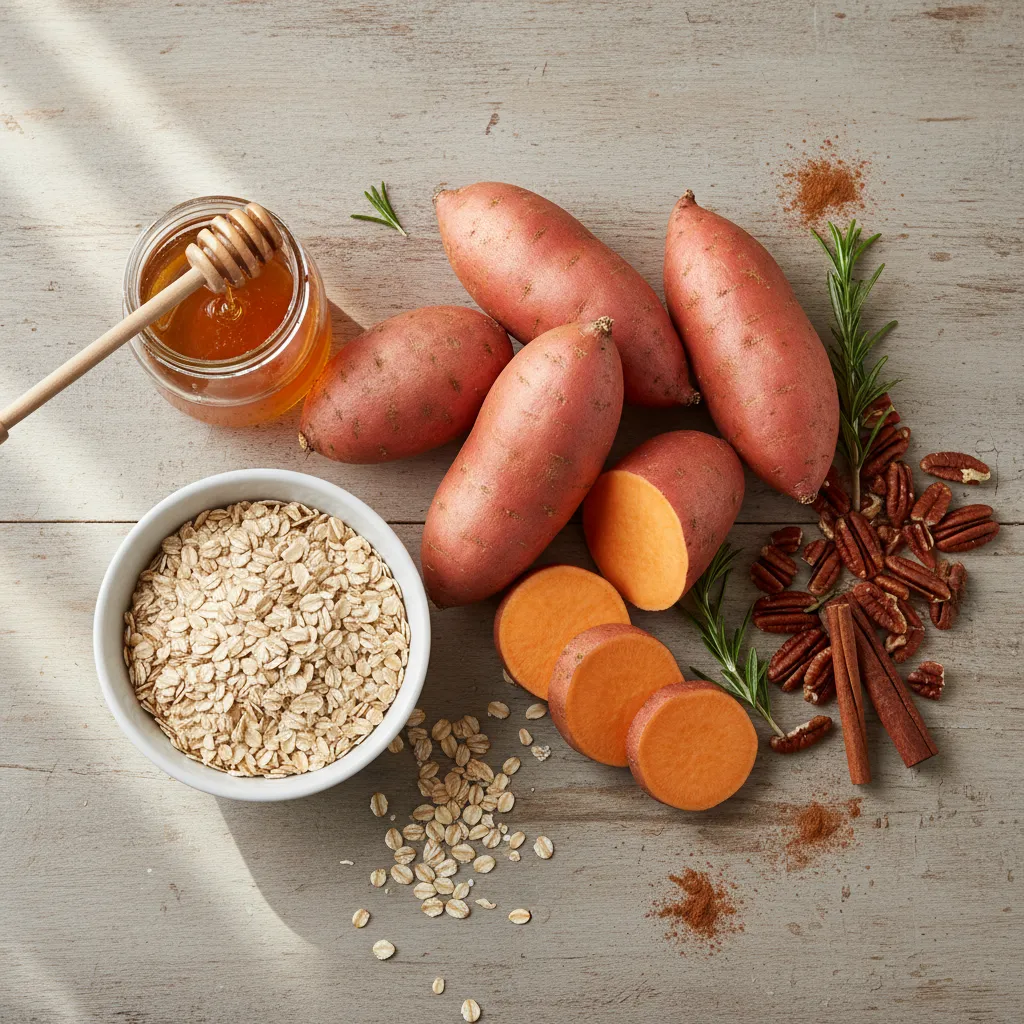 Raw ingredients for a healthy honey and oat sweet potato casserole
