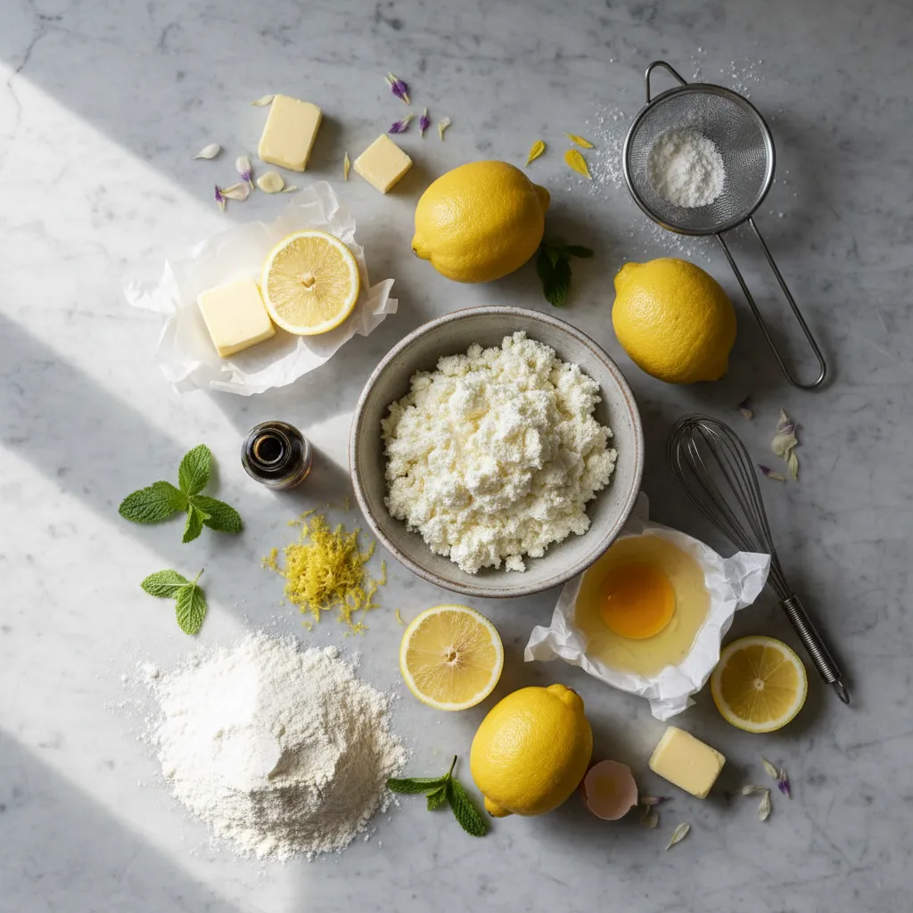 Ingredients for making Italian lemon ricotta cookies including fresh lemons and cheese.
