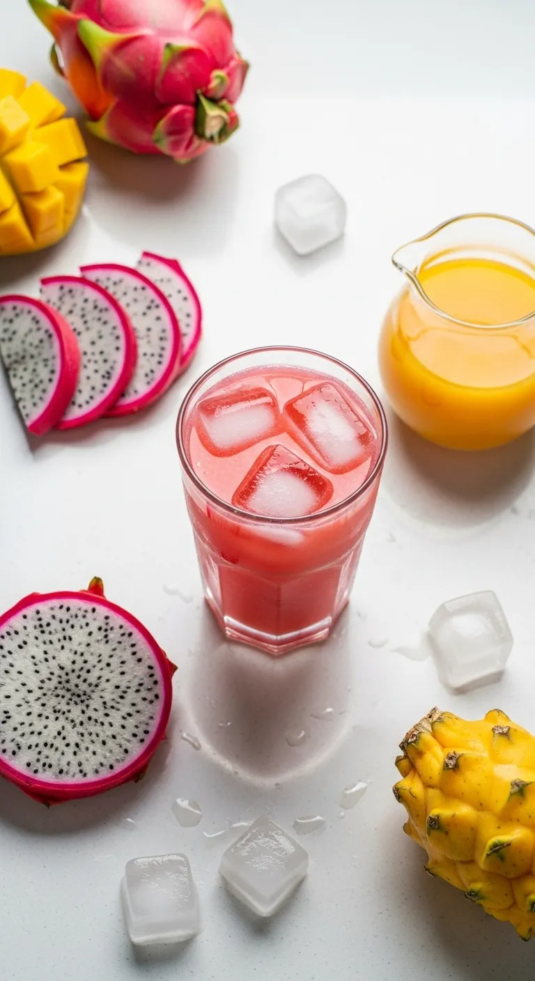 Fresh dragonfruit slices and mango juice ingredients on a table