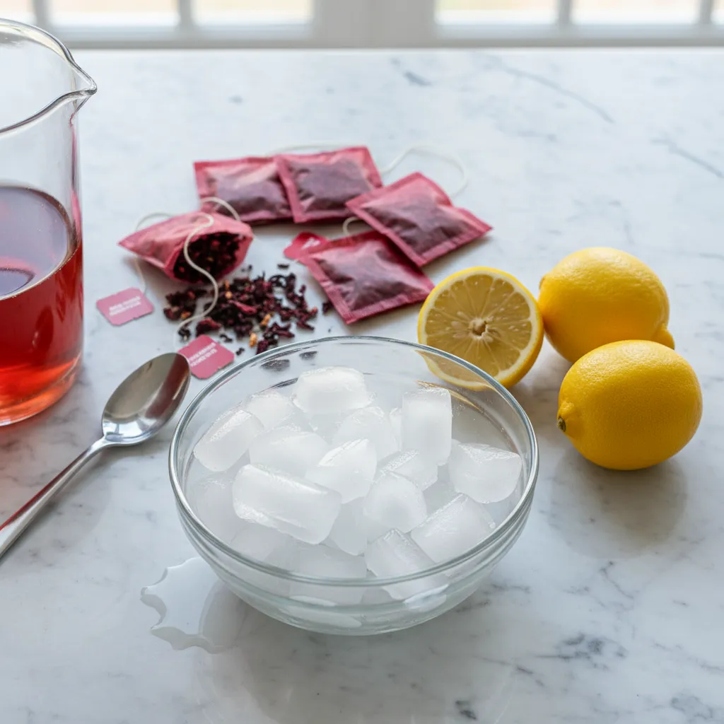 Hibiscus tea bags and lemon ingredients for homemade tea