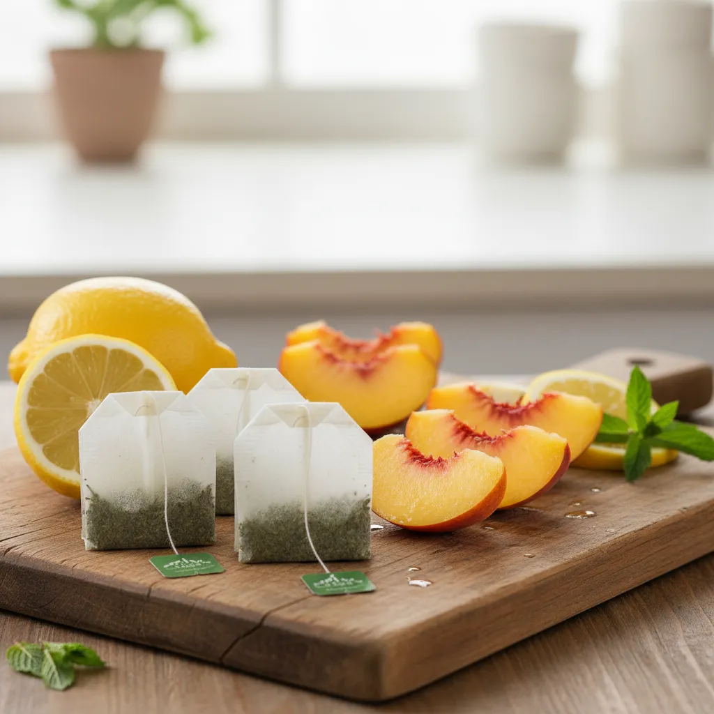 Fresh peaches and tea bags on a rustic counter