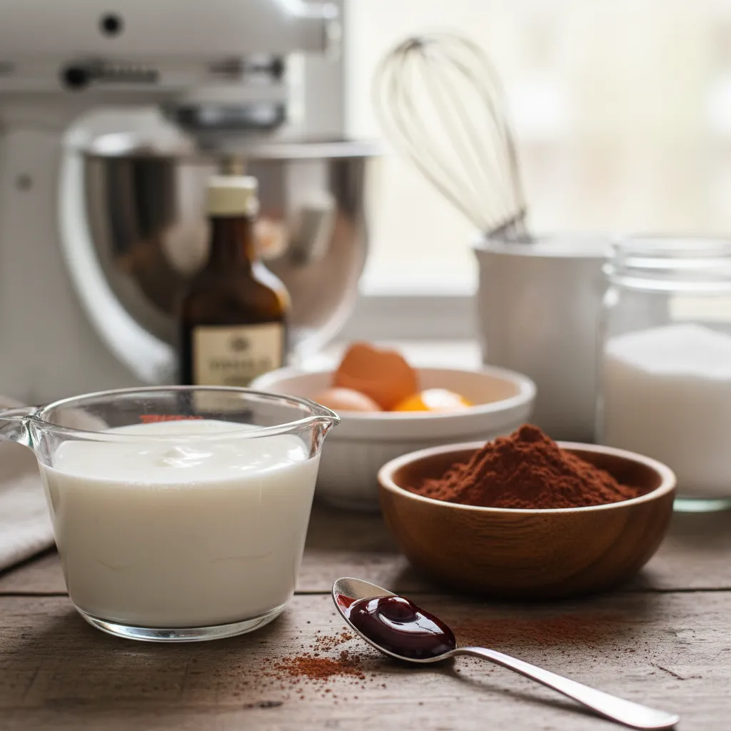 Buttermilk, cocoa powder, and red gel paste on a marble counter