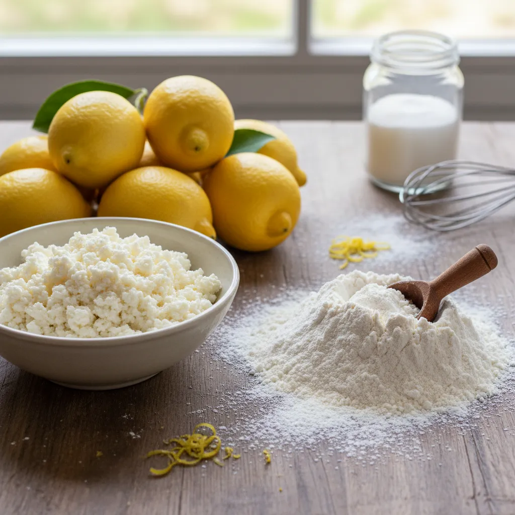 Fresh ingredients including lemons and whole milk ricotta for Italian cookies